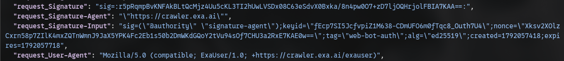 Raw server request log for an Exa fetch, showing the request_Signature, request_Signature-Agent, request_Signature-Input and request_User-Agent fields.