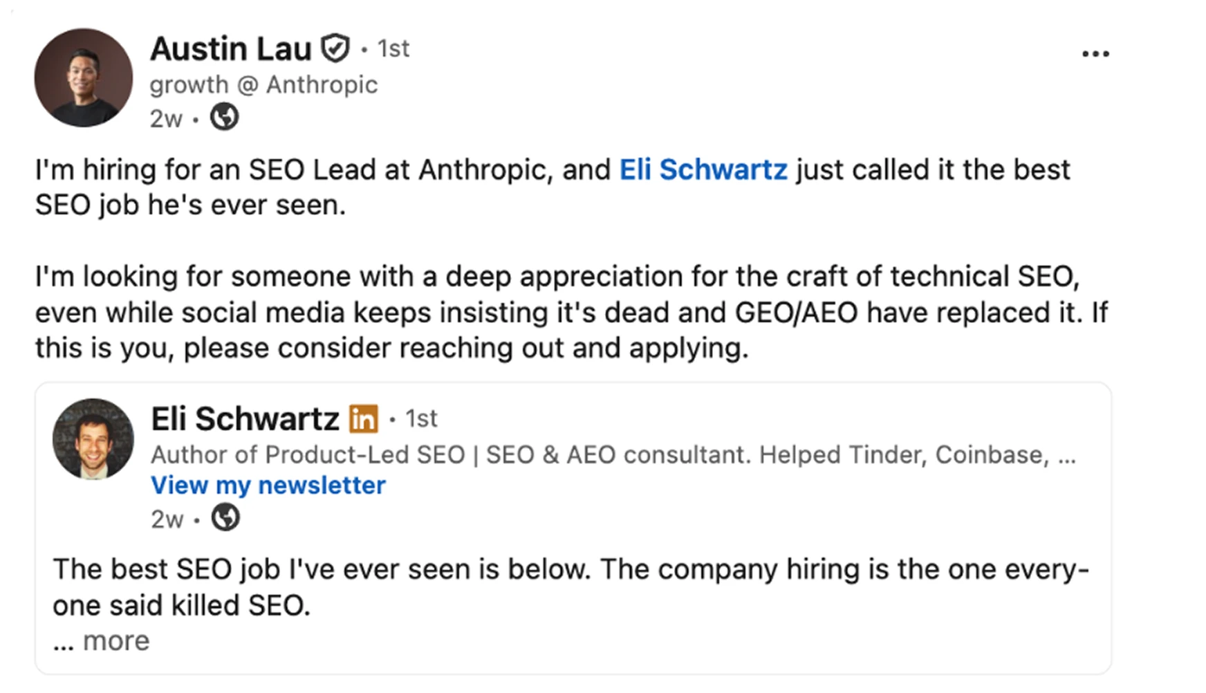 LinkedIn repost from Austin Lau responding to Eli Schwartz's post on SEO vs. GEO/AEO