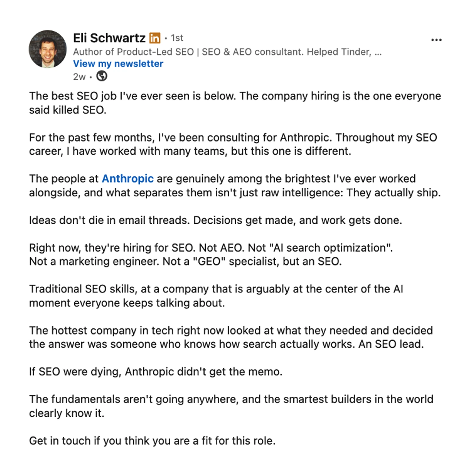 LinkedIn post from Eli Schwartz announcing Anthropic's SEO Lead job opening