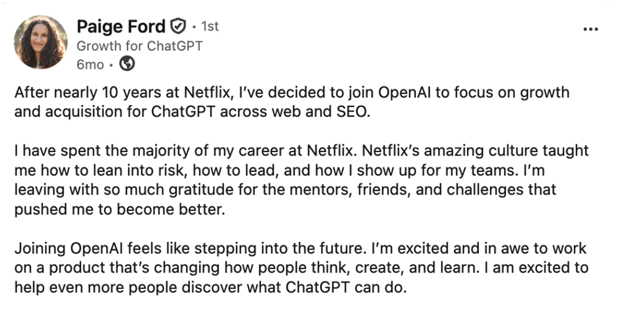 LinkedIn post from Paige Ford announcing she joined OpenAI to lead SEO